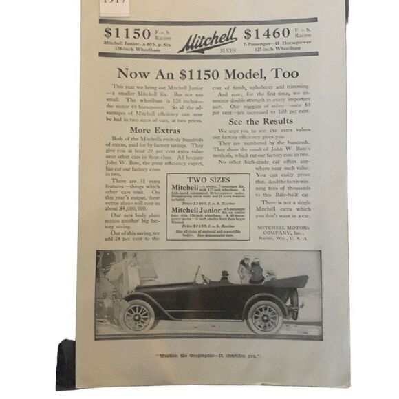 Vintage 1917 Mitchell Now an $1150 Model Too Ad Advertisment - Picture 2 of 2